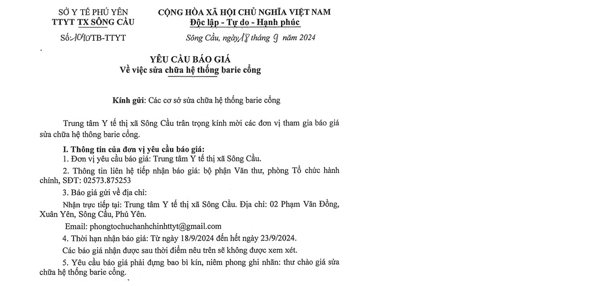 Yêu cầu báo giá về việc sửa chữa hệ thống barie cổng